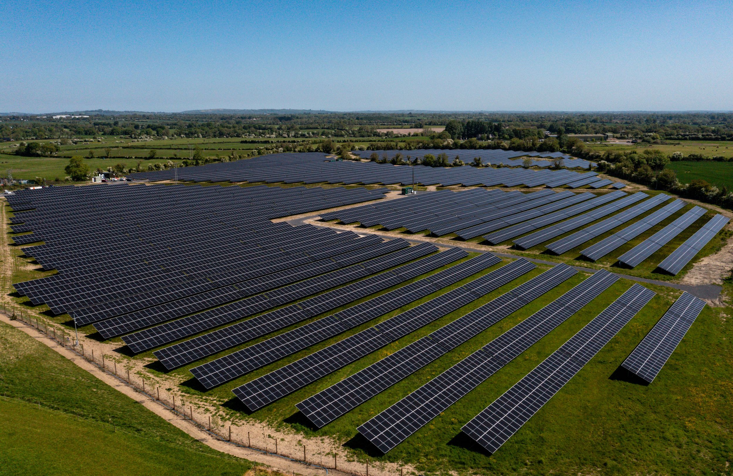 Aerial view of a Harmony Solar farm among Irish fields